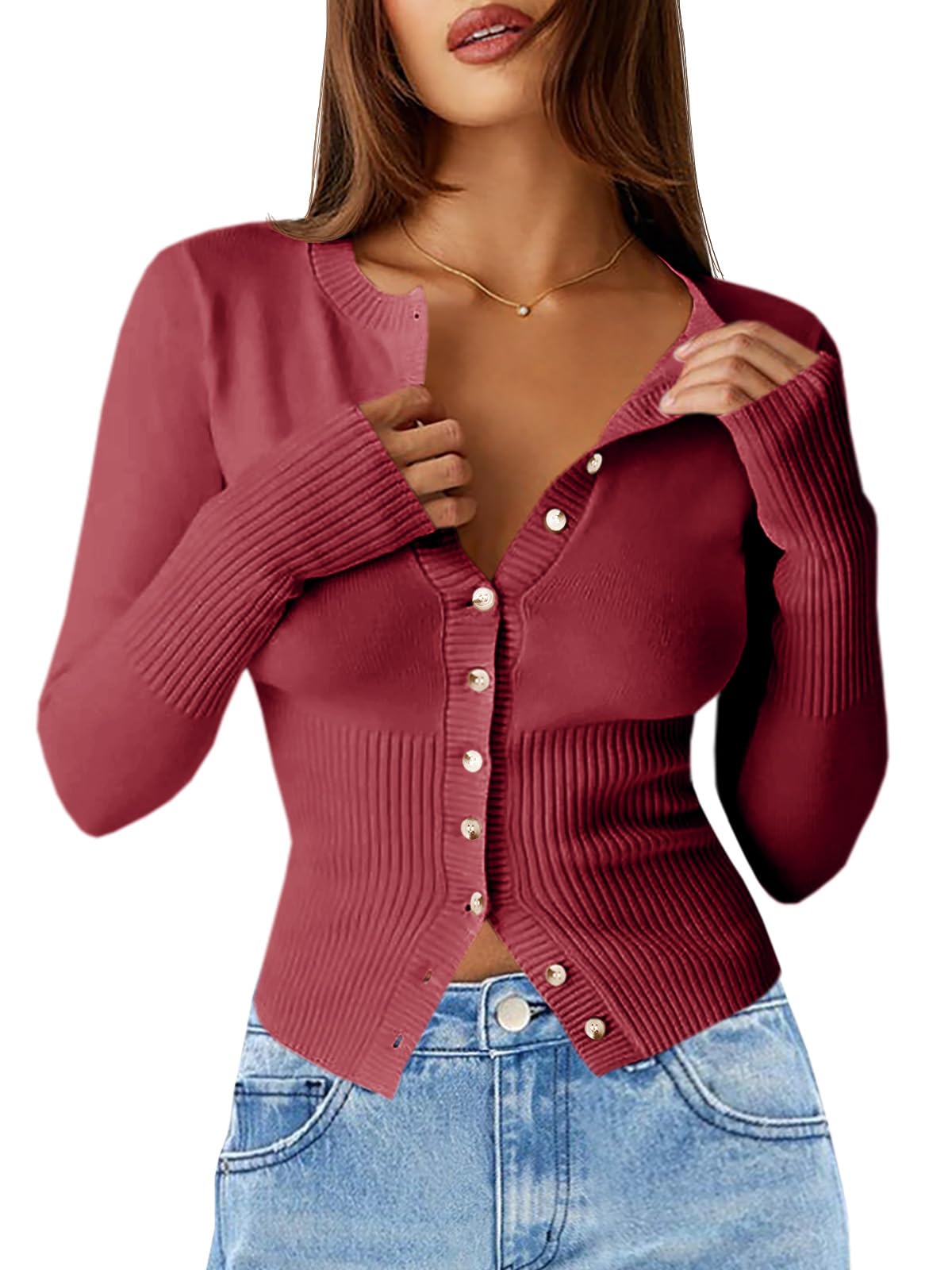 Saodimallsu Womens Slim Fit Cardigan Sweaters Sexy Button Crew Neck Fall Trendy Knit Long Sleeve Soft Open Front