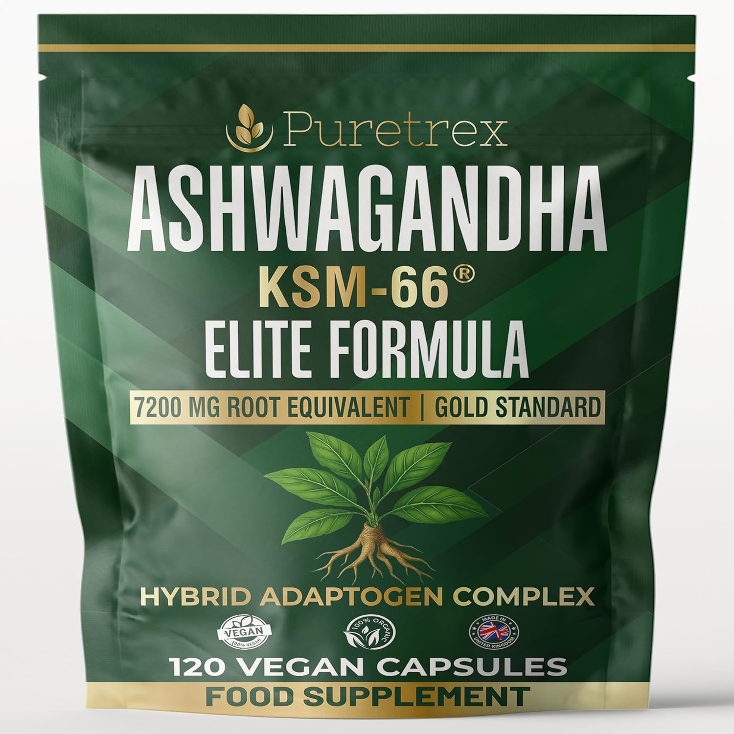 Ashwagandha KSM-66® Elite Formula – High Strength 7200mg Root Equivalent – Stress Relief, Mood & Energy Support – Hybrid Adaptogen Complex – 120 Vegan Capsules