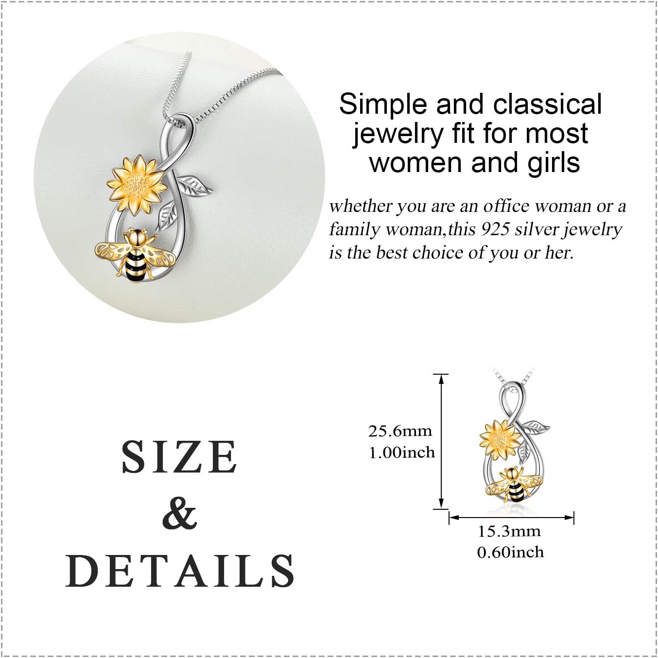 Bee Necklace Sterling Silver Infinity Love Pendant Necklace with Rose Flower Jewelry Gifts for Women Teens - Image 3