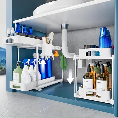 VERIFOST Paquete de 2 organizadores y almacenamiento debajo del fregadero, organizador de gabinete de cocina de doble deslizamiento, organizador de