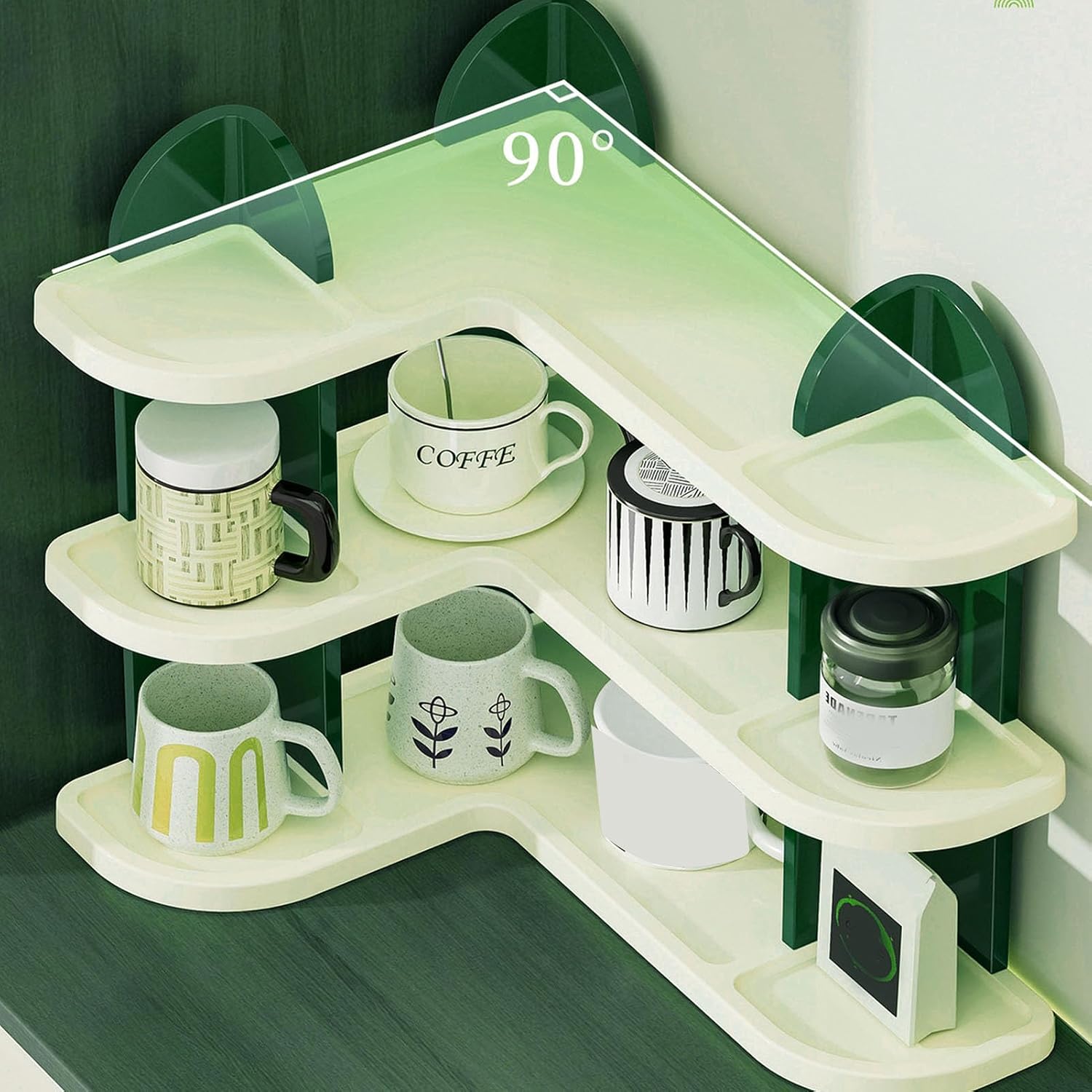 Coffee Bar Station Organizer, 3 Tire Plastic Corner Mug Cup Holder Stand Multifunctional Countertop Shelf Organizer for Kitchen Accessories Storage, 17.3 x 16.9 x 12.6 inch (Green)