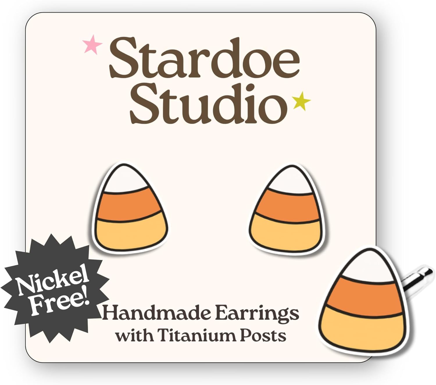 Candy Corn Earrings - Halloween Candy Studs - Orange White Yellow Fall Jewelry for Halloween Lovers and Kids - Hypoallergenic Nickel Free Titanium Earrings