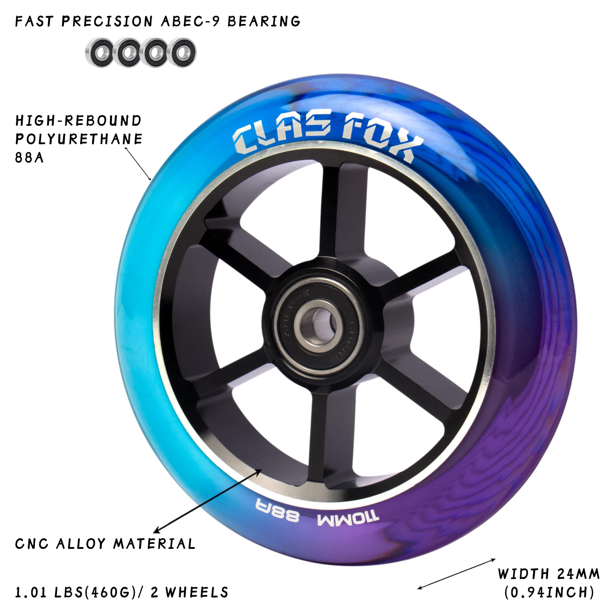 CLAS FOX Mixture Wheels 88A Pro Stunt Scooter Wheels One Pair with ABEC-9 Bearings CNC Metal Core (2pcs) (Purple+Blue+Green, 110mm)