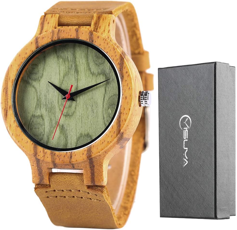 Creative Wood Watch Mens Analog Minimalist Genuine Leather Band Strap Bamboo Nature Wood Wrist Watch (Green)