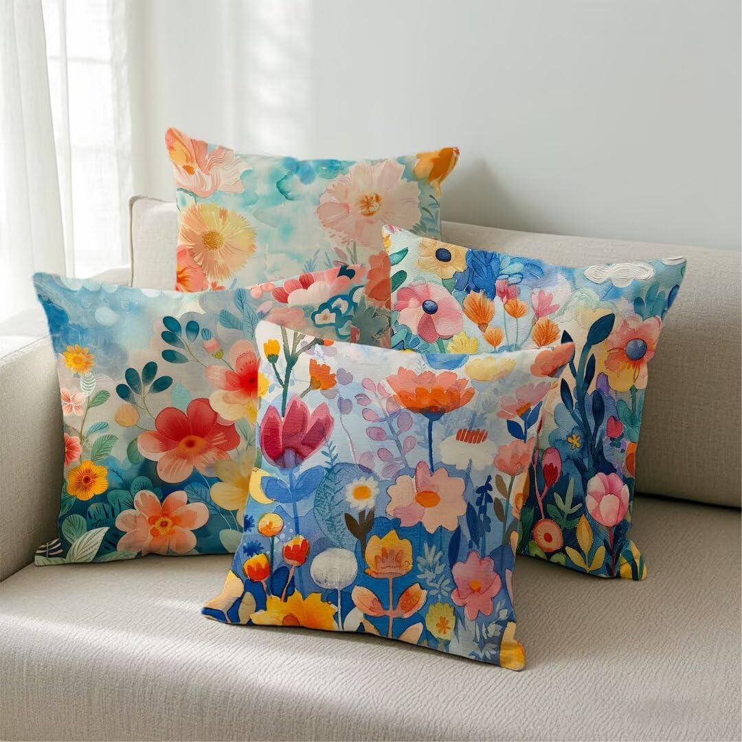 Fundas Cojines 45x45 cm Exterior Cojines Acuarela Fundas de Almohada Juego de 4, Cuadrados Funda Cojin Verano Almohadas con Cremallera Invisible, Sofa Cama Decorativos para Hogar, Jardín, Salón Ym489