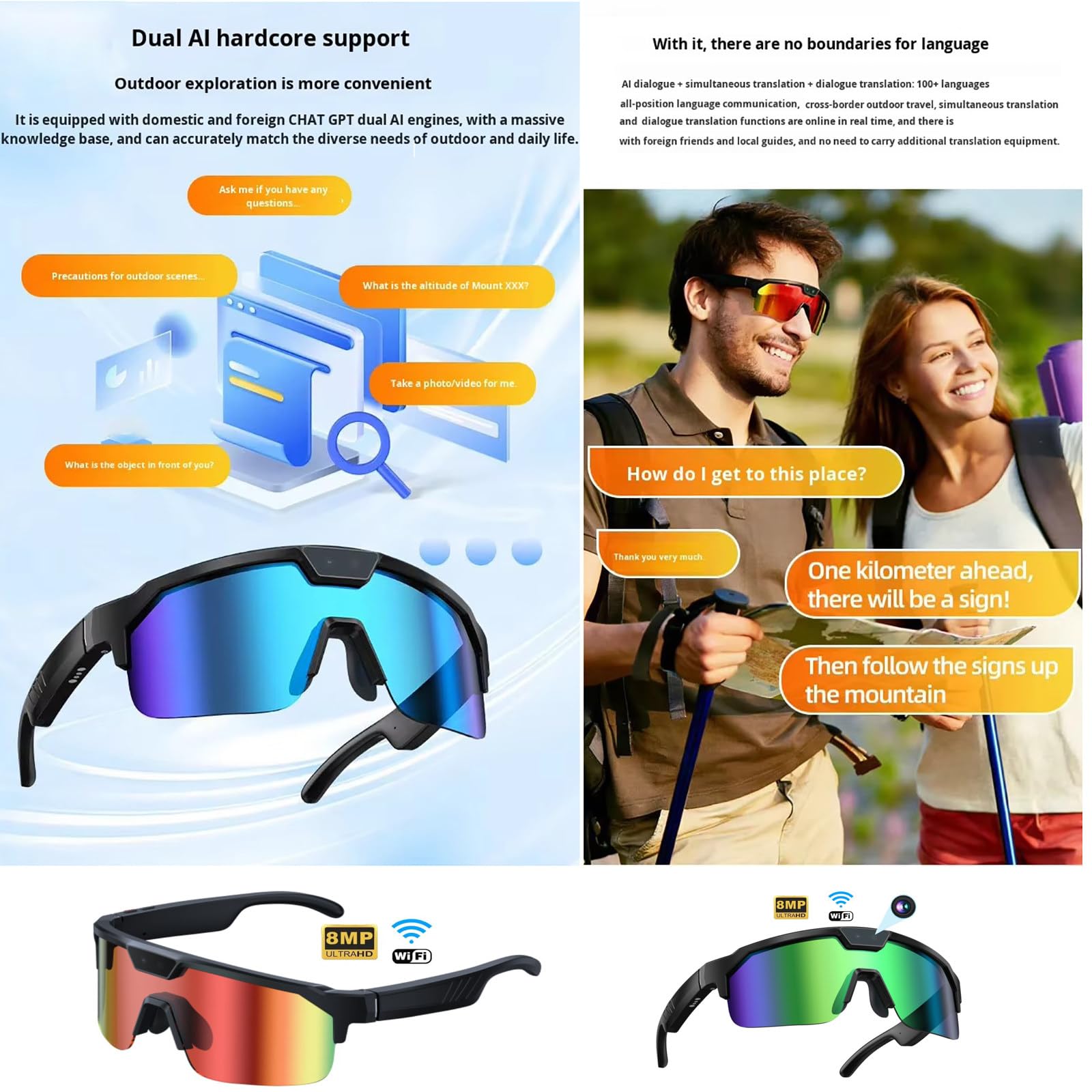 Gafas Inteligentes Con Ia, Cámara De 8 Mp, Lentes UV + Polarizadas, Bluetooth, Compatibles Con ChatGPT/Grabación/Traducción Sincrónica, Gafas Para Llamadas Durante Ciclismo Al Aire Libre Orange