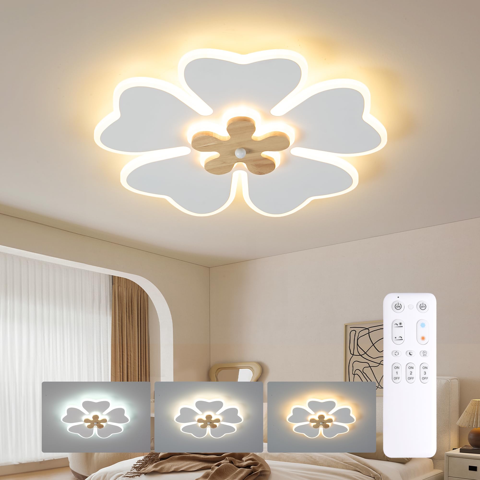 FitzMia LED Deckenleuchte Deckenlampe Blütenblattform mit Holz Modern Deckenlampen 30CM Stufenloses Dimmen mit Fernbedienung Mit Nachtlichtfunktion Schlafzimmer Kinderzimmer Wohnzimmer Speisesaa