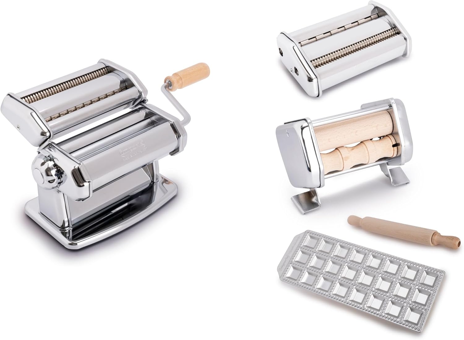 Pasta Maker Deluxe Gift Set w Accessories- Includes Pasta Machine, Ravioli Mold Press, Wooden Rolling Pin plus 2 Cutter Attachments for Adjustable Thicknesses- Made in Italy Steel Construction Pasta Maker Deluxe Gift Set w Accessories- Includes Pasta Machine, Ravioli Mold Press, Wooden Rolling Pin plus 2 Cutter Attachments for Adjustable Thicknesses- Made in Italy Steel Construction