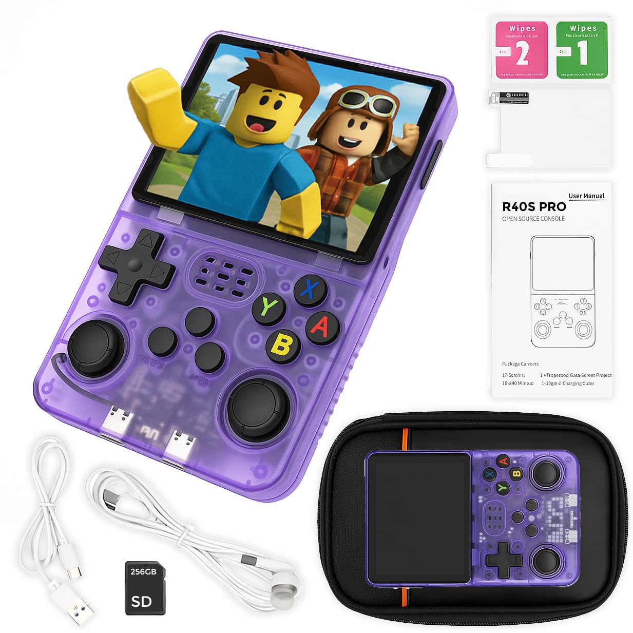 uMadeUs R40s Pro Handheld Gaming Console – 30,000+ Classic Video Game Collection – New Retro Arcade System With 256gb Sd Card - 3.5" Screen - Portable Player PSP, DS, GBA, PS1, MAME (Purple)