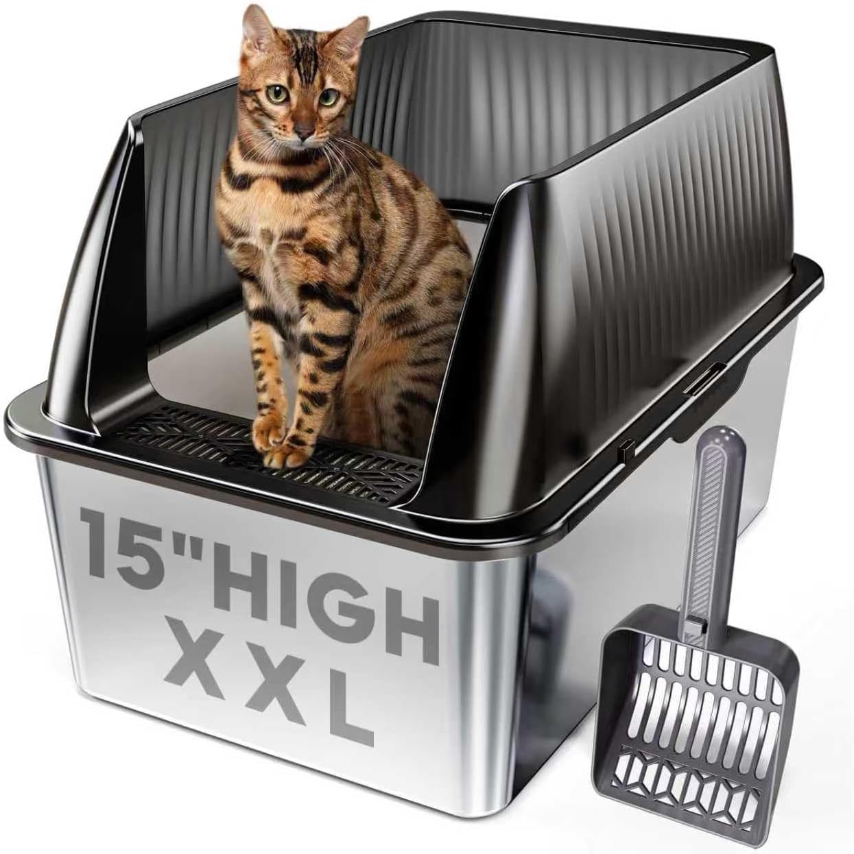 Tripamin 15” XL Stainless Steel Cat Litter Box Enclosure, XXL Stainless Steel High Sides with Lid, Extra Large Metal Cat Litter Box (Translucent Black
