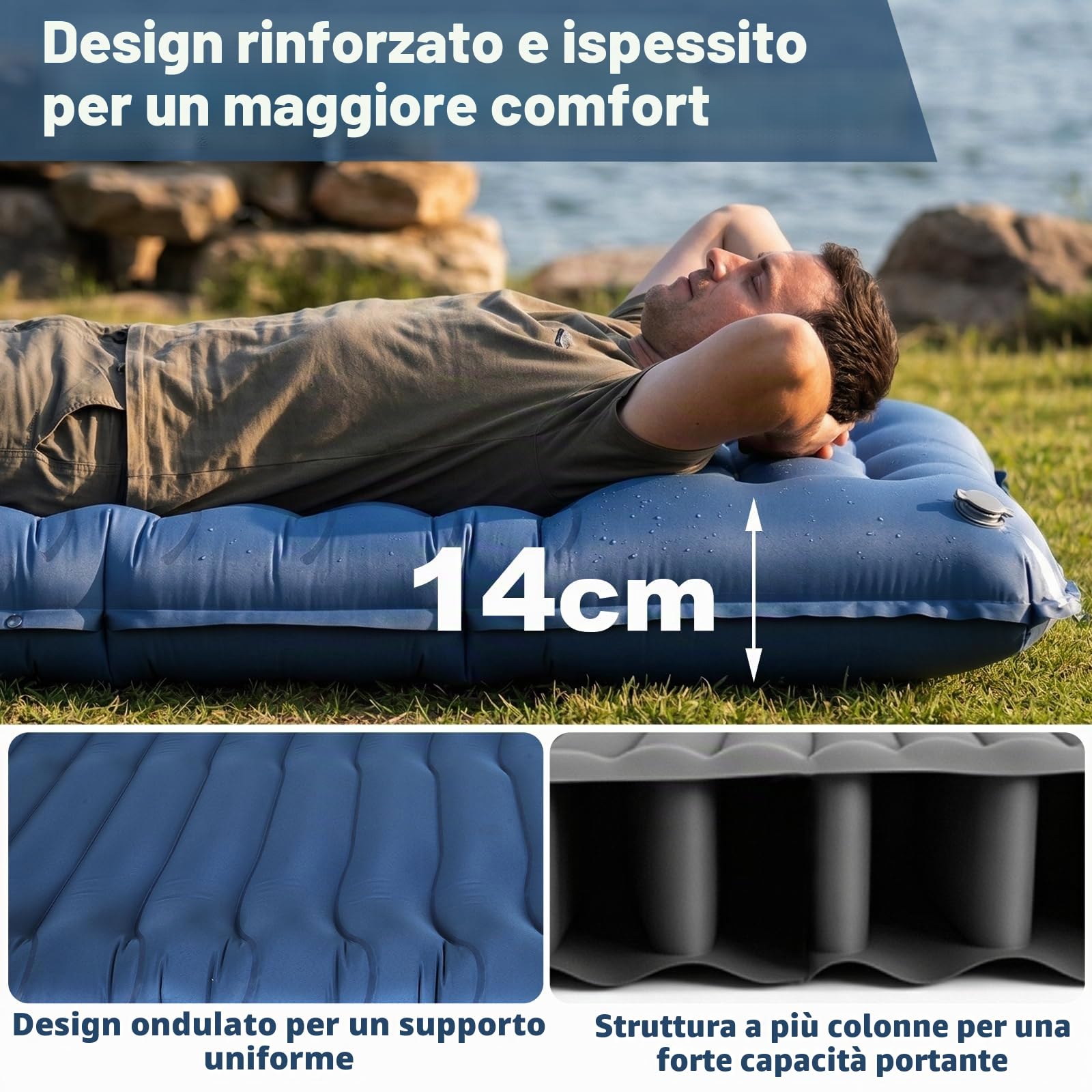 Materassino autogonfiabile per esterni, 14 cm, materasso ad aria spesso, con cuscino, pieghevole, compatto, per escursioni, viaggi, spiaggia, 192 x 68 x