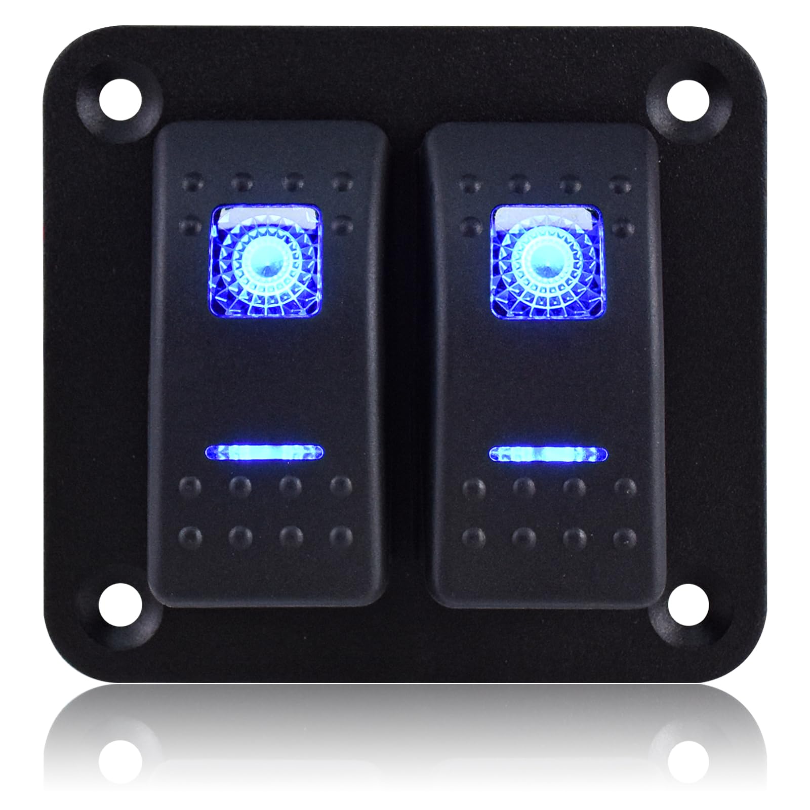 2 Gang Rocker Switch Panel Aluminum Waterproof 12V/24V Toggle Switch Panel, On-Off Car Boat Pre-Wired Switch for Marine Boat Automotive Car RV Truck Vehicles Blue Light (2 Gang)