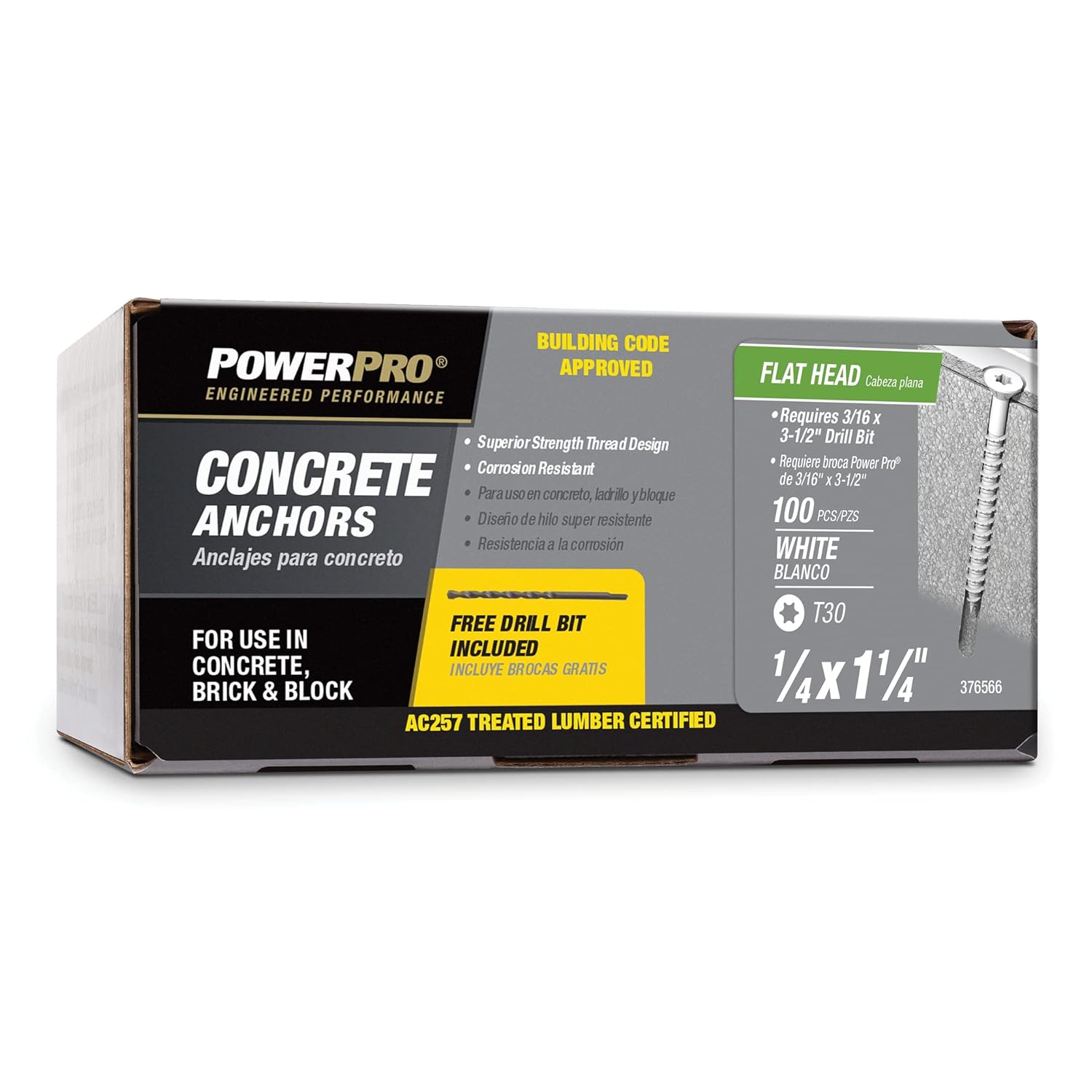 Power Pro 376566 Concrete Screw Anchors, 1/4" x 1-1/4", High-Performance, Code-Approved, Epoxy Coated, Coarse Thread, for Concrete and Masonry, Outdoor Rust Resistant, White, 100pcs
