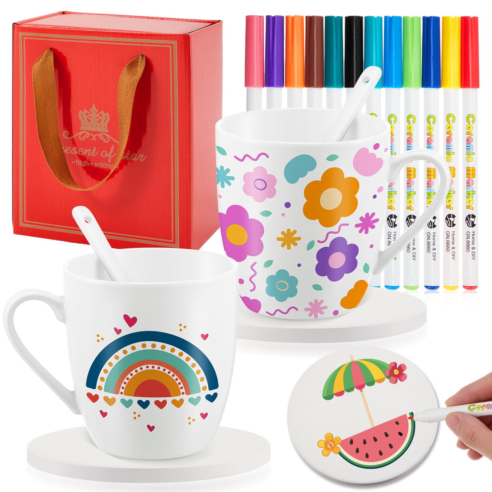 Kit Peinture Sur Tasse - 2 Tasses Céramique + 12 Marqueurs Double Pointe + Autocollants - Loisir Créatif DIY