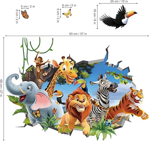 Miniatura 4 de decalmile Calcomanías de pared 3D de animales de selva, elefante, león, mono, calcomanías de pared para habitación de niños, cuarto de bebé,