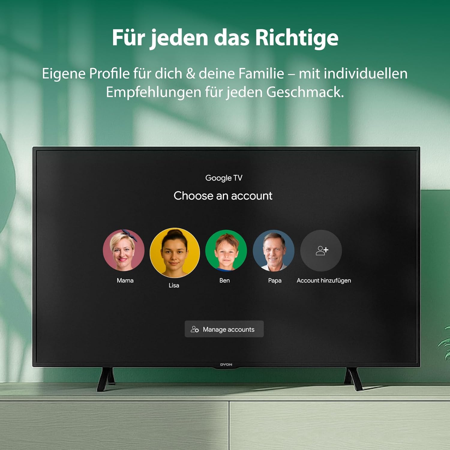 Google TV user profile selection screen with multiple profiles