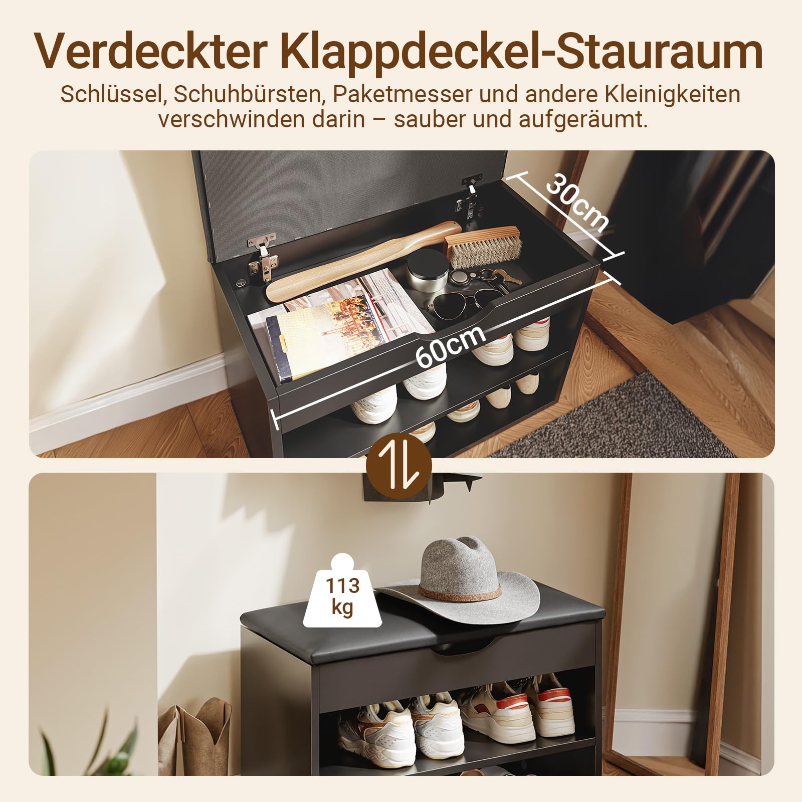SoBuy Schuhbank mit Sitzfläche, Schuhregal mit Sitzbank, Schuhbank mit Stauraum 3-in-1, für Kleine Wohnungen, Eingangsbereich, Flur, Schlafzimmer, Schwarz, 60 x 30 x 43 cm, FSR25-SCH