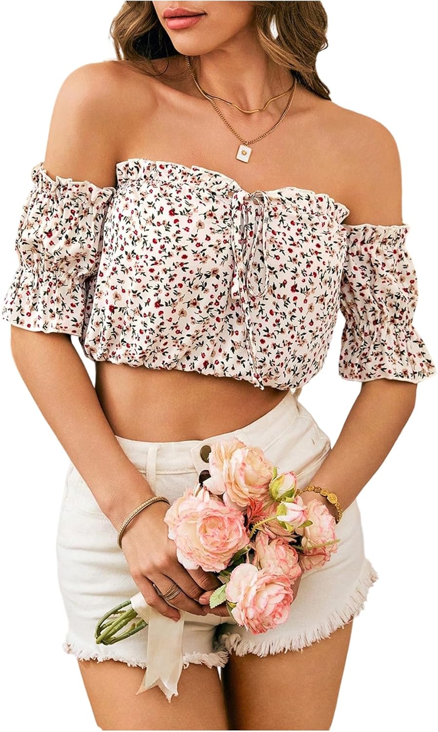 SweatyRocks Women's Ditsy Floral Off The Shoulder Crop Top Ruffle Puff Sleeve Tie Front Blouse Tops - Image 3