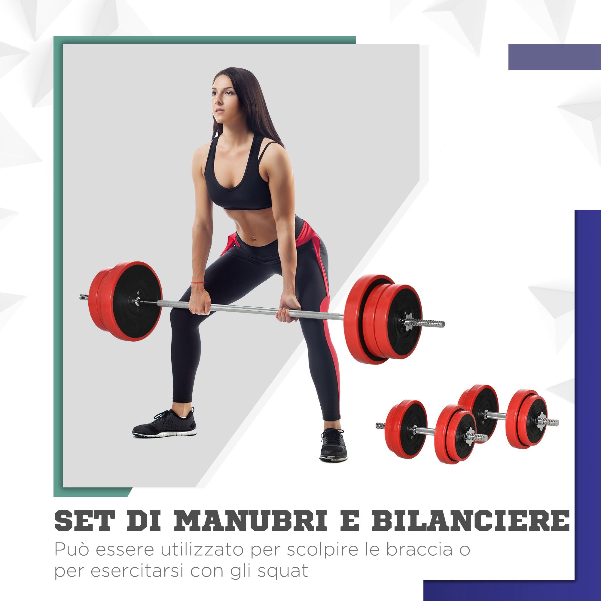HOMCOM Set Bilanciere con Dischi Pesi 65kg Totali in Sabbia di Ferro, Metallo e Gomma, Rosso