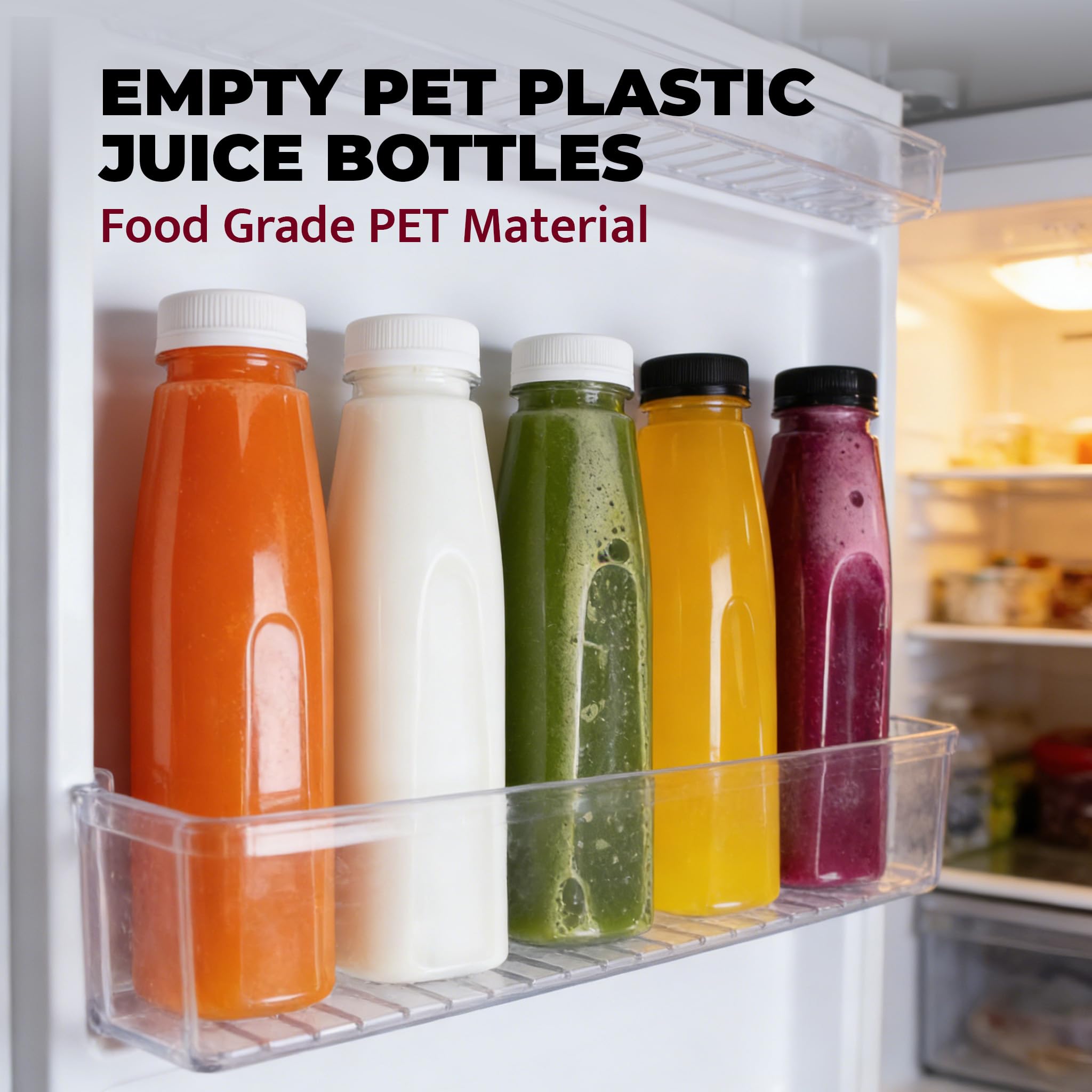 Paquete de 48 botellas vacías de plástico PET de 8 onzas, botellas de plástico transparentes desechables a granel para líquidos con tapas negras a prueba de manipulaciones (8 onzas, negro)