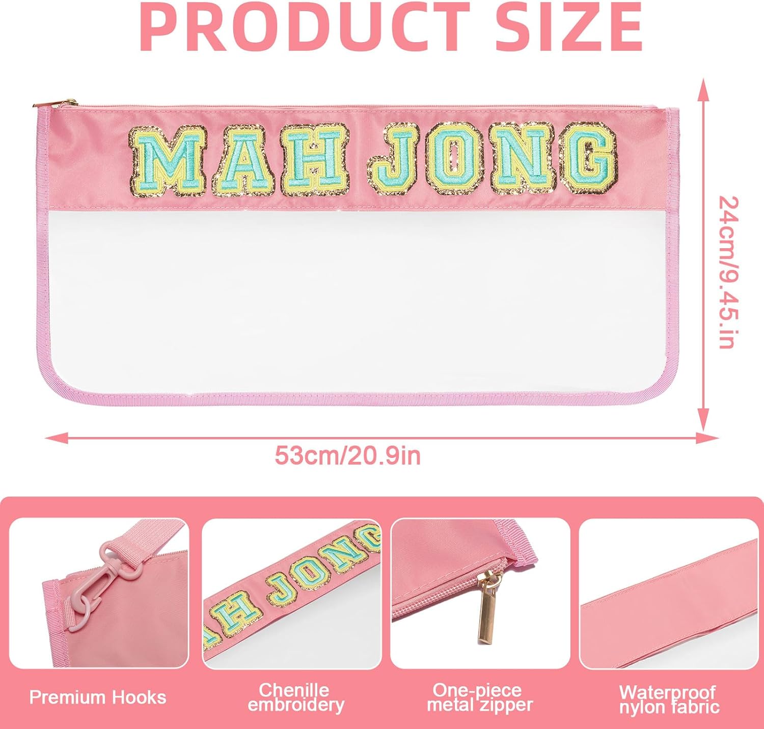 Mahjong Bag -Clear Waterproof Mahjong Tiles Bag with Shoulder Strap Zippered & Letters, Case Only (Pink)