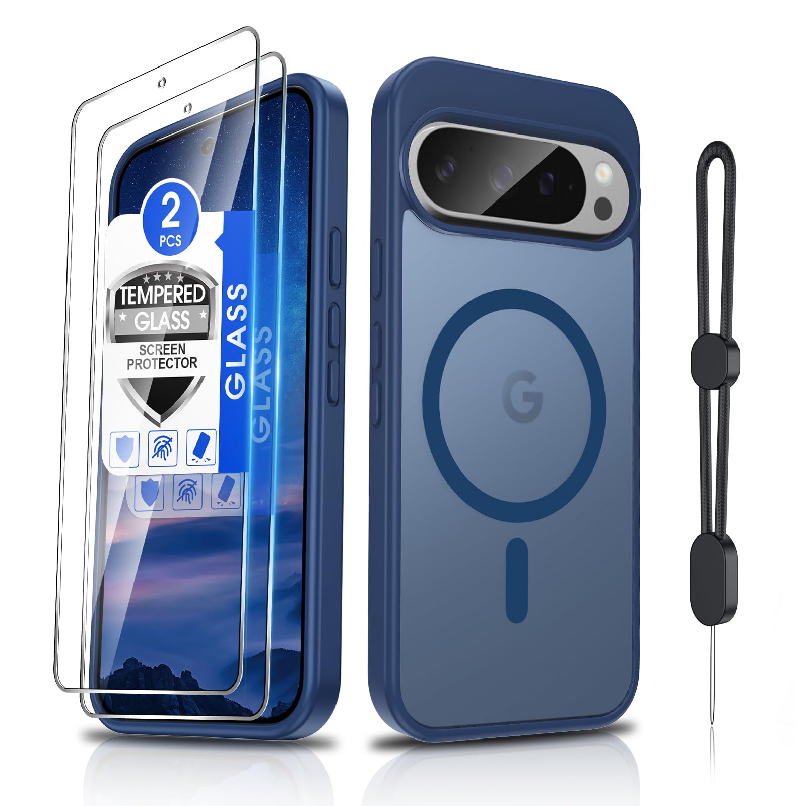 Dizn Magnetic for Google Pixel 9 Pro XL Case,[Not Fit Pixel 9/9 Pro],Tempered Glass Screen Protector,Strap,Compatible with MagSafe,Military Matte Cover Protective for Pixel9Pro XL,Sapphire Blue