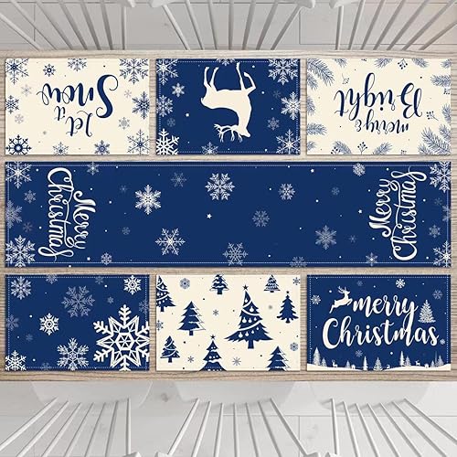 Miniatura 8 de Paquete de 7 manteles individuales de Navidad a cuadros, diseño de copos de nieve de búfalo rojo y negro para mesa de comedor, decoración de mesa de