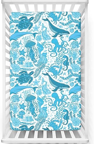 Sábana bajera ajustable para cuna con temática de ballenas, sábana bajera estándar para cuna, material ultra suave, sábana de colchón para cuna o