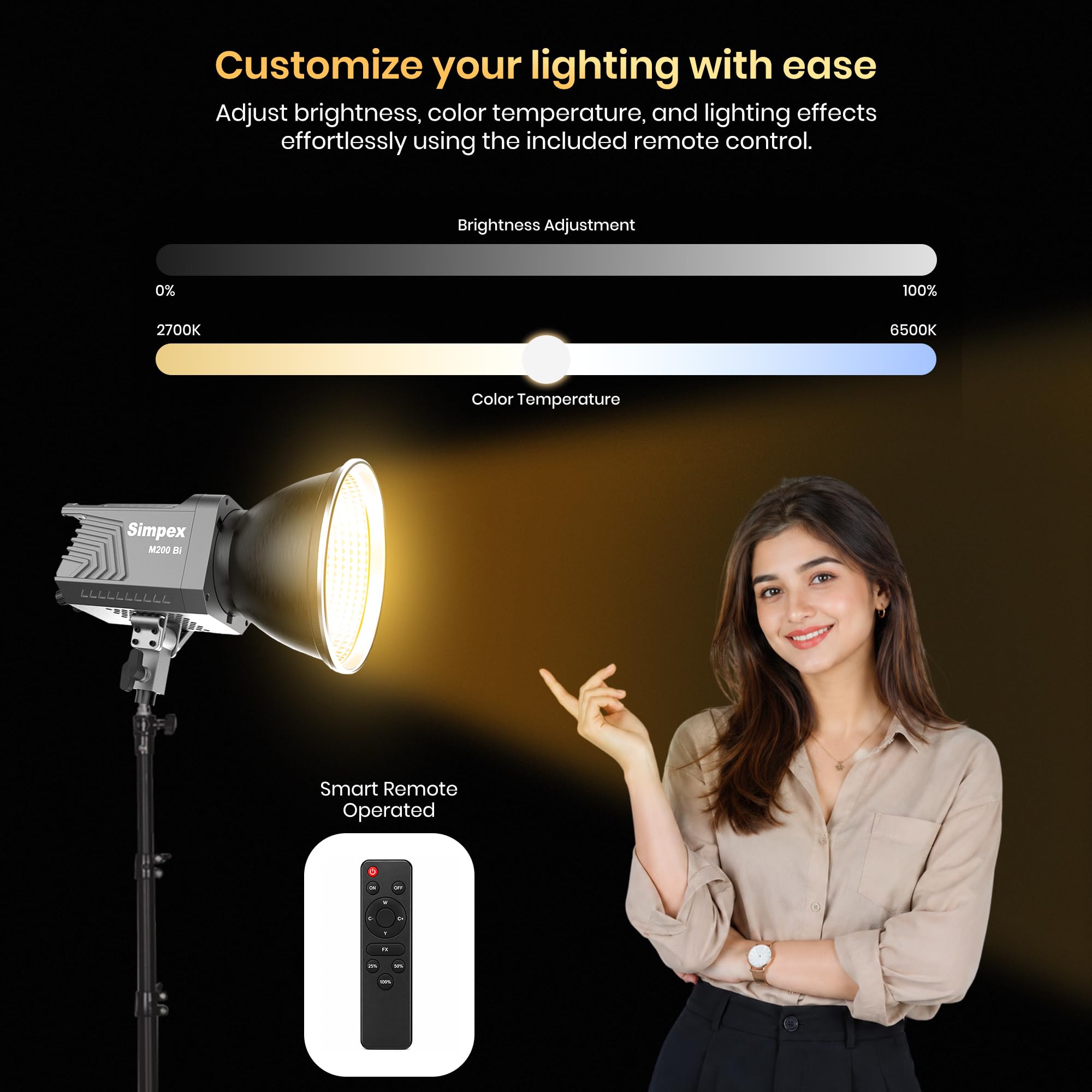 Simpex M-200Bi, 200W Dual Color Continuous LED Light with 18CM Reflector & Infrared Remote, AC Power, 2700K-6500K Color Temperature Control, Huge Display,CRI-95 Plus, Ideal for Video Shooting(Black) — Amazon image 5