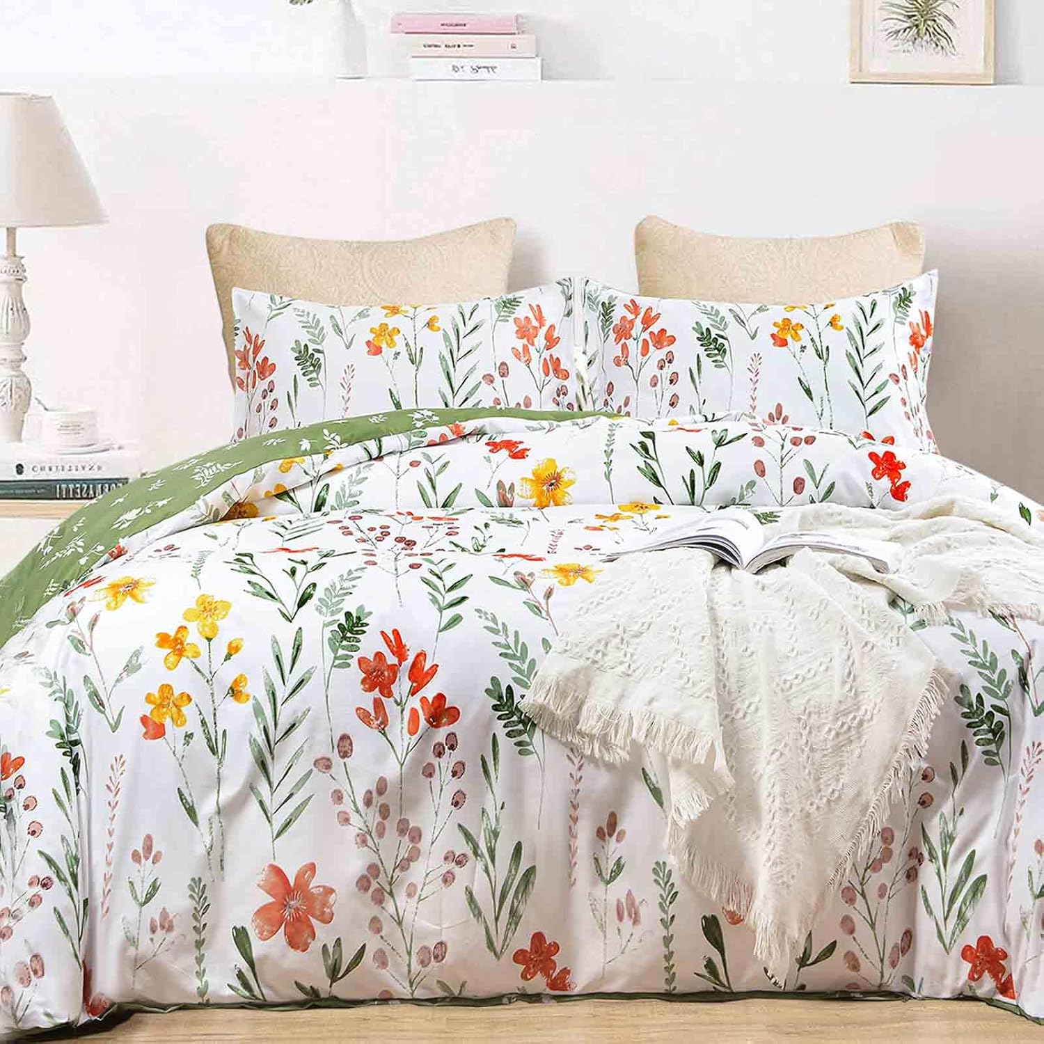Nanko Floral Comforter Set Twin Size, 2pc Farmhouse Green Leaves Yellow Flowers Botanical Pattern Printed Microfiber Bedding Comforter Set, All Season Soft & Lightweight Comforter for Women 68"x90"