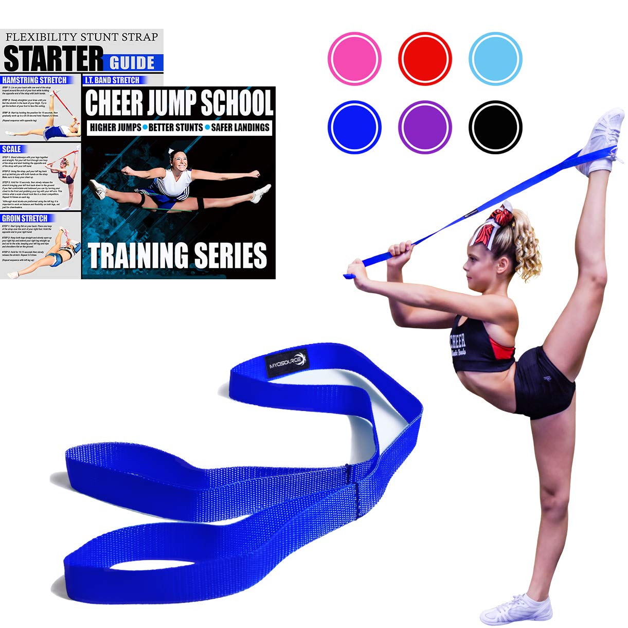 Myosource Cheerleading Flexibility Stunt Strap - Improve Stretching and Perfect Stunts for Cheer Dance Gymnastics & Physical Therapy - Digital Training Download & Starter Guide - Available in 6 Colors
