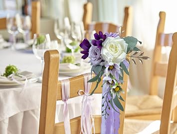 CherishedMoments 6 Wedding Aisle Decorations,Purple Pew Flower Chair Ribbon | Pew Flower Arrangement|Artificial Flowers Eucalyptus|Wedding Ceremony Party |Church Decor|Reception Chair Back