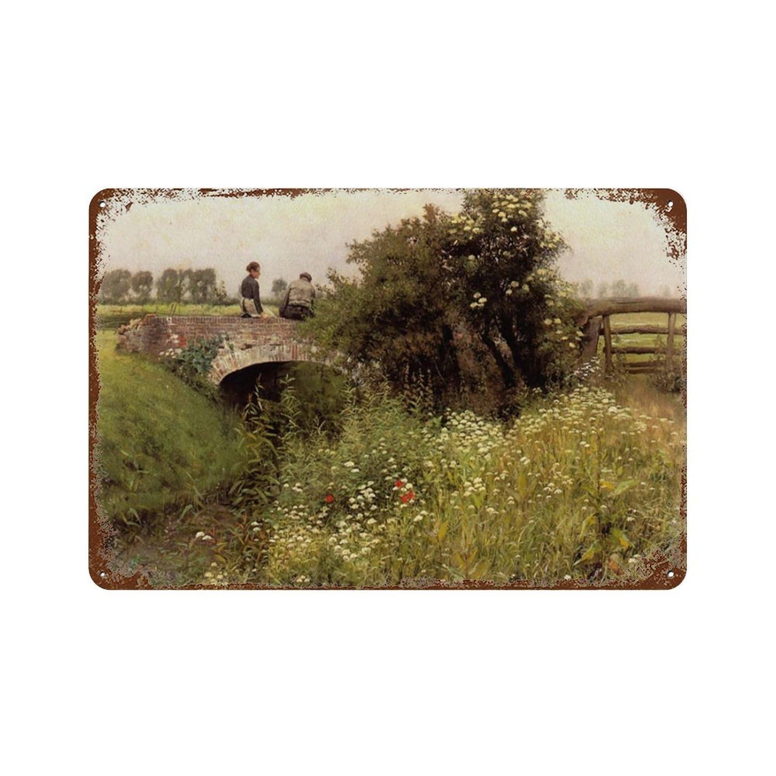 xiaoxiaoshen Retro Oil Painting of Bridge Scenery, Rural Farmhouse Wall Decor Art Metal Tin Poster Modern Home Decor Art Home Bar Shop Decorations Vintage Sign 20x30cm