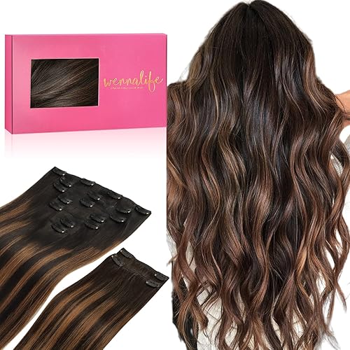 WENNALIFE Clip in Hair Extensions, 150g 20 Inch 9pcs Balayage Natural Black to Chestnut Brown Human Hair Extensions Thicker Clip in Hair Extensions Real Human Hair Clip Set Double Weft