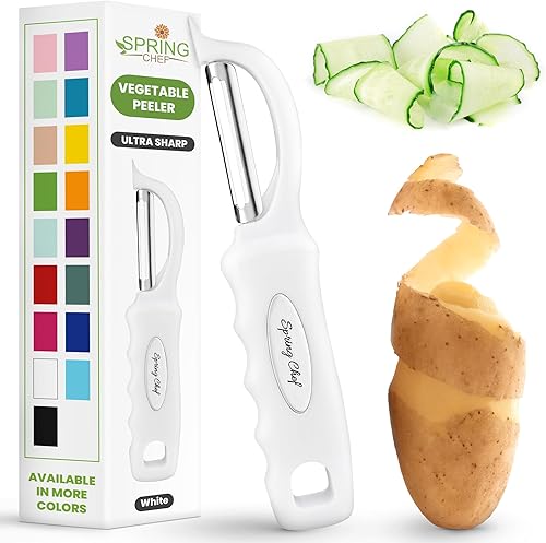 Miniatura 36 de Spring Chef Pelador de verduras giratorio profesional rojo para cocina, peladores de papas de acero inoxidable con mango de agarre suave, perfecto