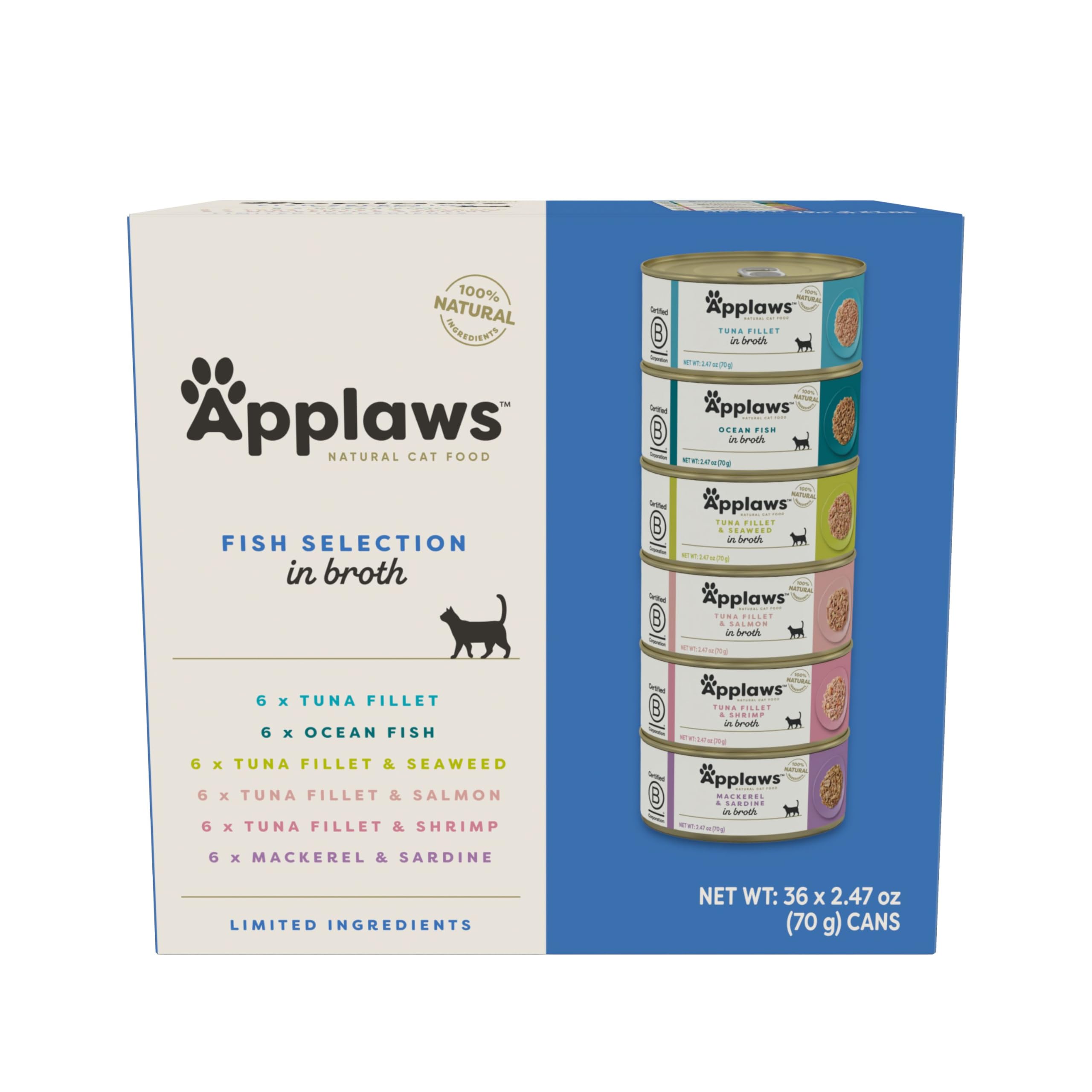 Applaws Natural Wet Canned Cat Food, Limited and Natural Ingreidents, High Protein with No Artificial Additives, Fish Selection in Broth (36 x 2.47oz