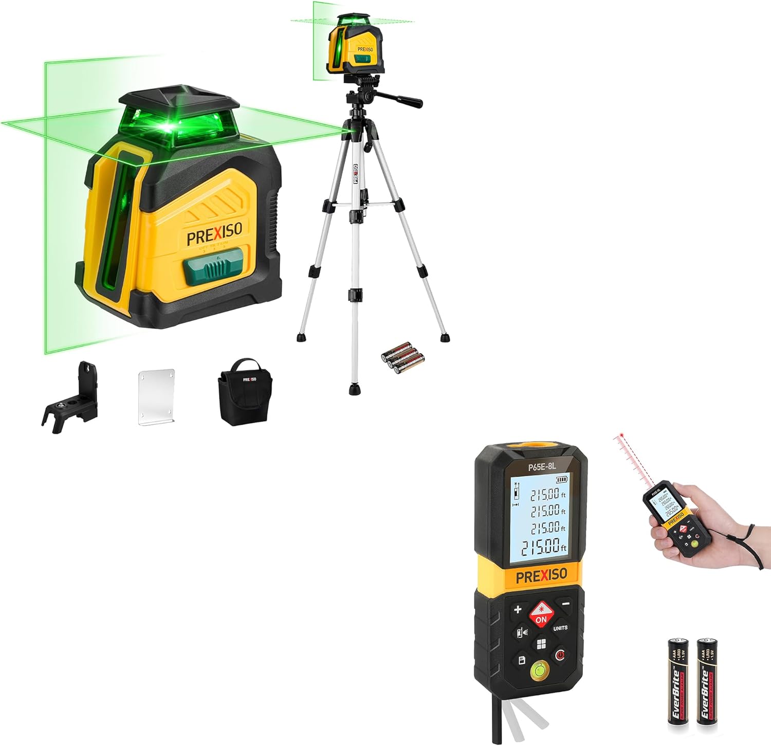 PREXISO 215Ft Laser Measure with Entension for Diagonal Measuring & PREXISO 360° Laser Level with Tripod, 100Ft Dual Power Self Leveling