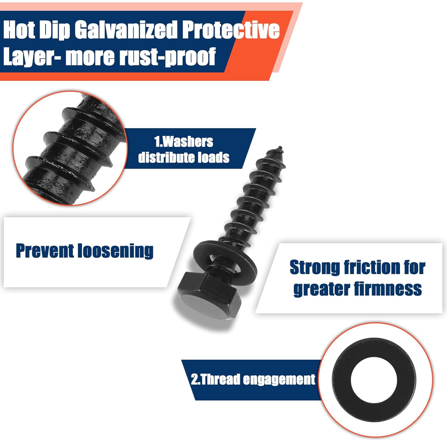 Tandefio 60 Pack 3/8''x 2'' Ceramic Black Lag Screw Kit with Washers Hex Lag Bolts Wood Screws Heavy Duty Hot Dip Galvanized Double Layer for Wood Decks Fences
