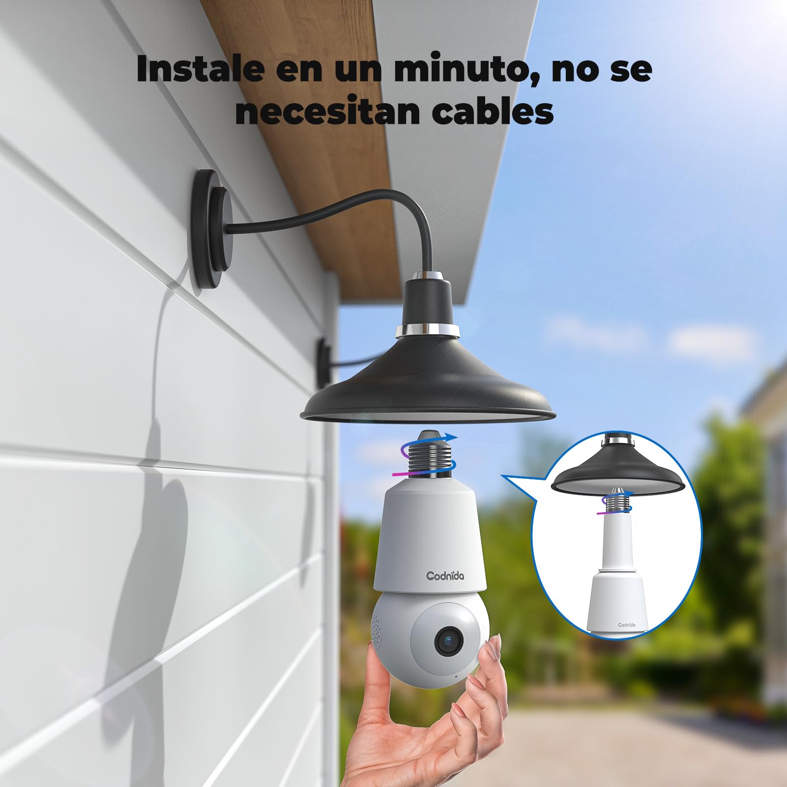 Codnida Camara de Bombilla Vigilancia WiFi Exterior/Interior 2K, PTZ 360 Grados IP Camaras Domicilio con 24/7 Grabación Continua, Visión Nocturna Inteligente en Color, Detección de Movimiento