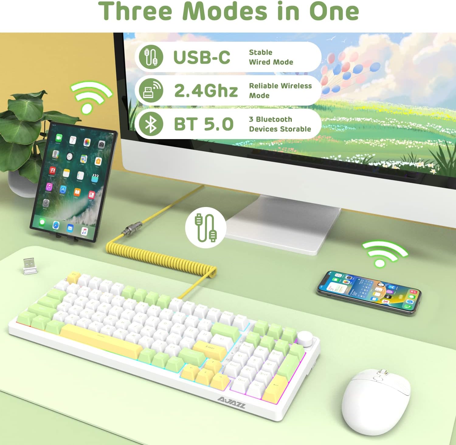 AJAZZ 99 Keys Wireless Mechanical Keyboard, Bluetooth5.0/2.4G/Wired Gaming Keyboard, RGB Hot Swappable Red Switch, Knob Control, PBT Keycaps,Gasket Mounted, Coiled Cable for PC/Mac/Windows