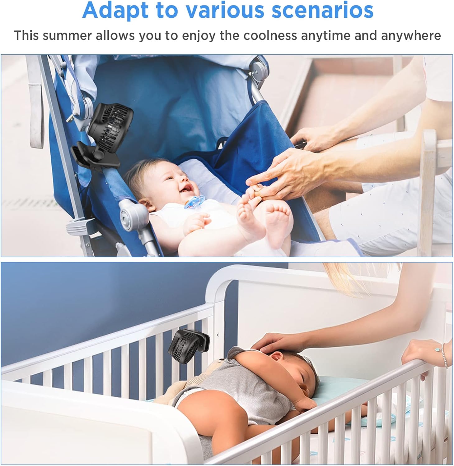 EasyAcc Stroller Fan clipped to a stroller and a crib