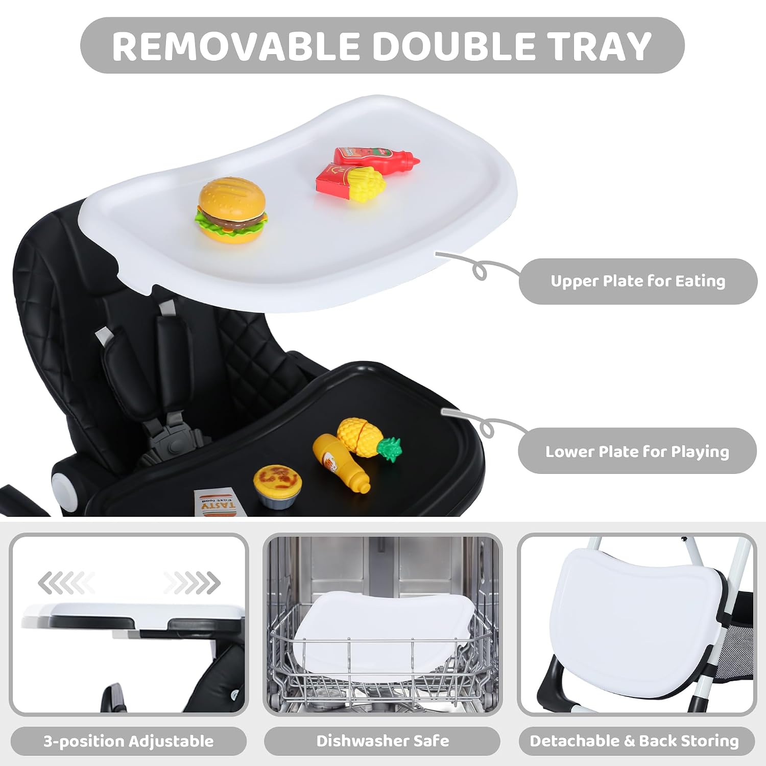 TODEFULL 3 in 1 Foldable Baby High Chair, Infant High Chairs for Babies and Toddlers, 6 Height & 4 Recline Adjustable Toddler Feeding Chair, 2 Built-in Wheels, Large Storage Space, Black