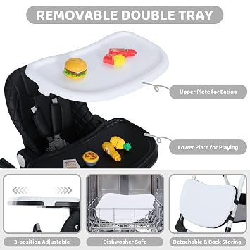 TODEFULL 3 in 1 Baby High Chair, Infant High Chairs for Babies and Toddlers | Folding Toddler Feeding Chair 6 Height & 4 Recline Adjustable, 2 Built-in Wheels, Removable Double Tray, Large Storage Basket