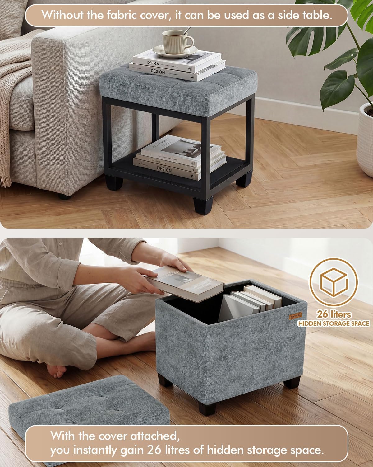 Chenille Metal Framed Storage Ottoman,12.2" D x 16.1" W x 17.7" H Tufted Upholstered Ottoman with Storage,Foot Rest Stool with Legs,Holds 770 LB for Dorm Living Room Bedroom Gray UASND70G