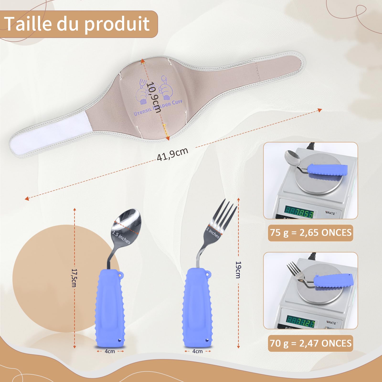 Ensemble D'ustensiles Adaptatifs Avec Manchon Élastique Universel, Pour Tremblements, Parkinson Ou Personnes Handicapées (Violet, Ensemble ustensiles (droit) et bracelet support)