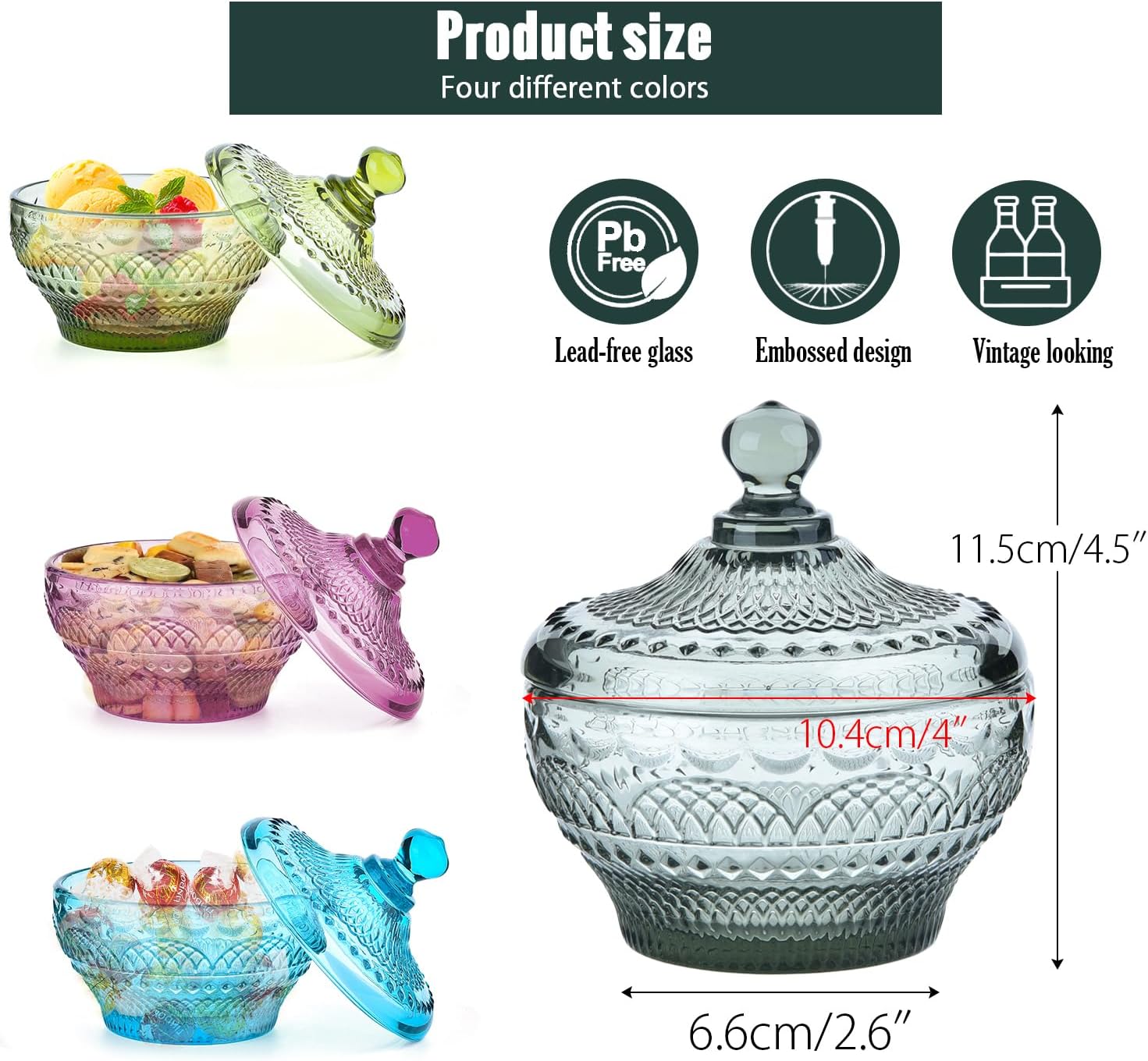 Sungmor 4pcs Vintage Embossed Glass Candy Storage Jars w/Lid, Decorative Colorful Crystal Candy Dishes Purple Cookie Container, Pretty Covered Bowls for Chocolate Dessert Icecream Buffet
