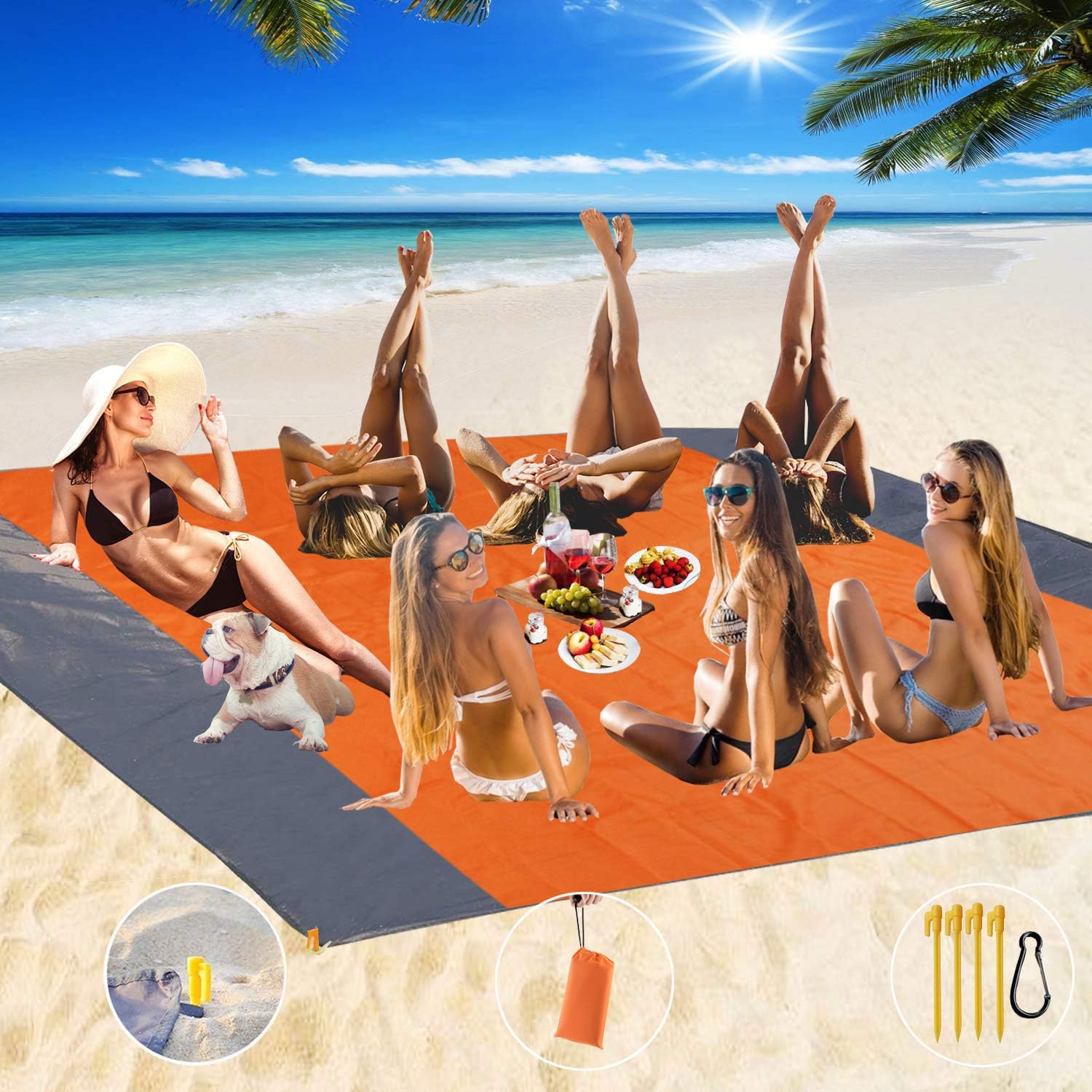 Fashion Beach Blanket, Oversize 108" x 120" for 10-12 Adult Waterproof Outdoor Portable Picnic Mat with 4 x Stakes & Corner Pockets - Beach Mat for Travel, Camping, Hiking, Music Festivals, BBQ (Blue): Kitchen & Dining