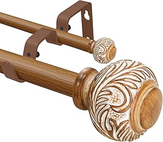 1 Inch Wood Double Curtain Rod with Modern Design Floral Carved Ball Finials-Tension Curtain Rods 48-84 Inchs for Bedroom&Home Decor