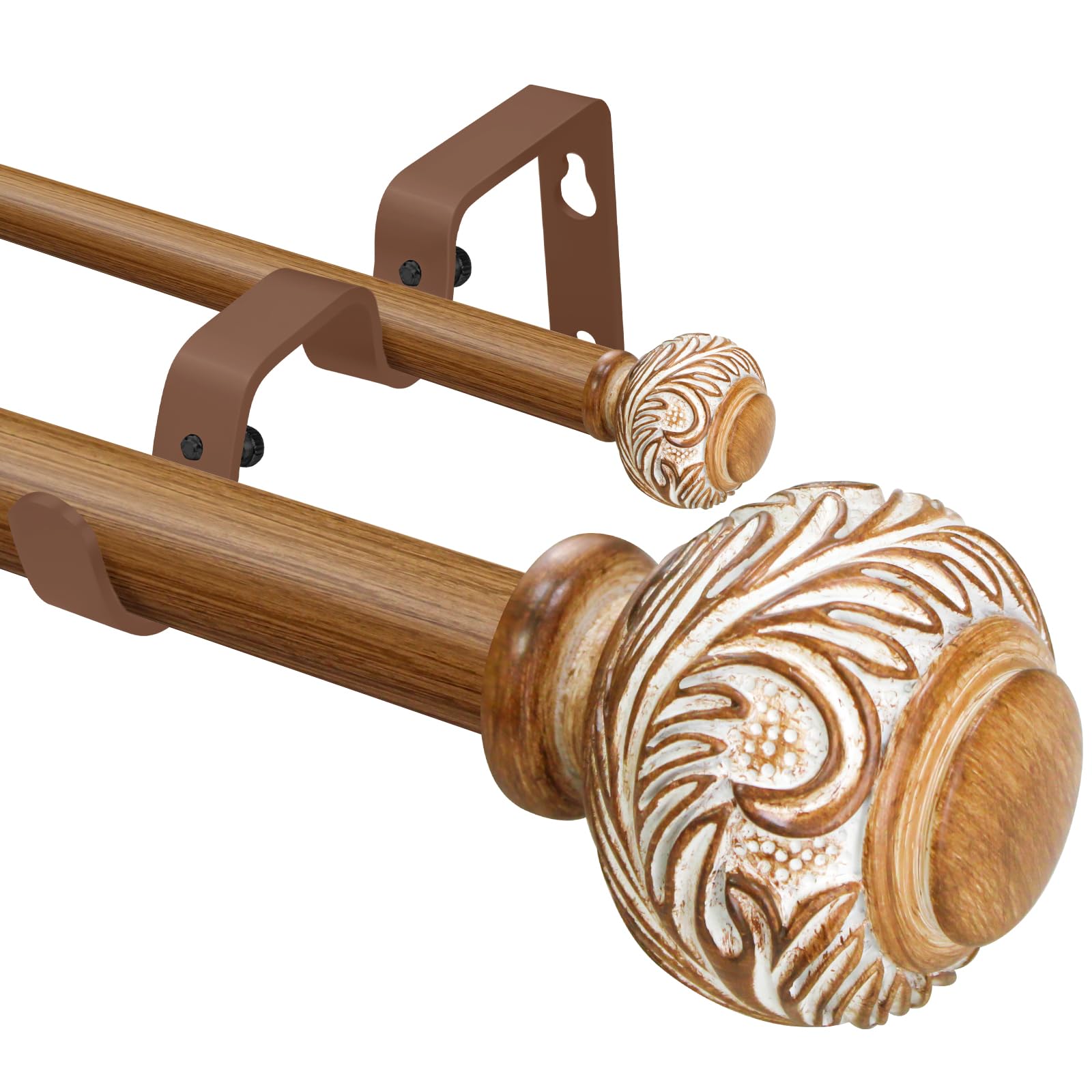 Barra de cortina doble de madera de 1 pulgada con diseño moderno floral tallada con remates de bola, barras de cortina de tensión de 48 a 84 pulgadas para decoración de dormitorio y hogar