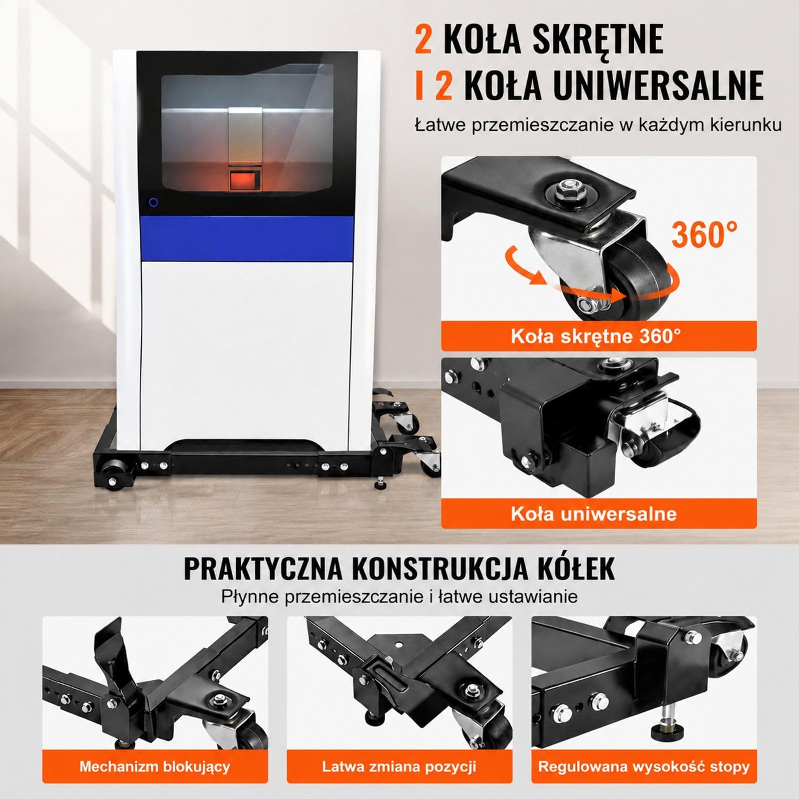 Rolki transportowe do mebli z regulowaną podstawą mobilną i kółkami do szafek, urządzeń oraz warsztatu